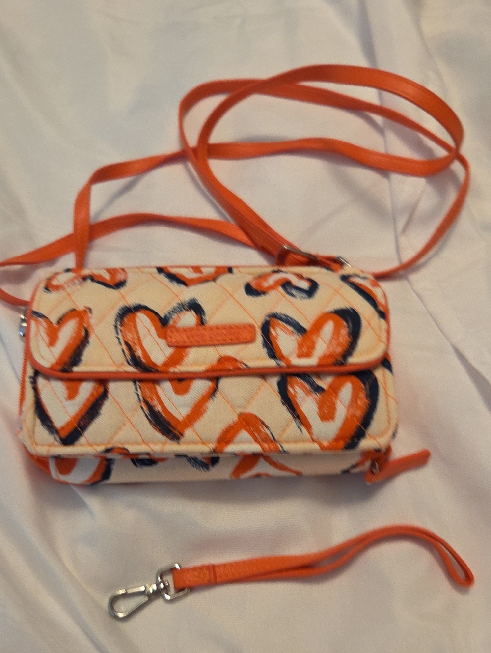 Vera Bradley Orange and Navy Heart-Print Crossbody Wristlet